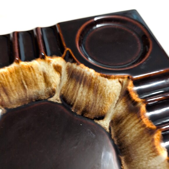 Vintage MCM Large Ceramic Ashtray Brown/Tan Drip Glaze 10.25" Square VGC - Picture 3 of 9